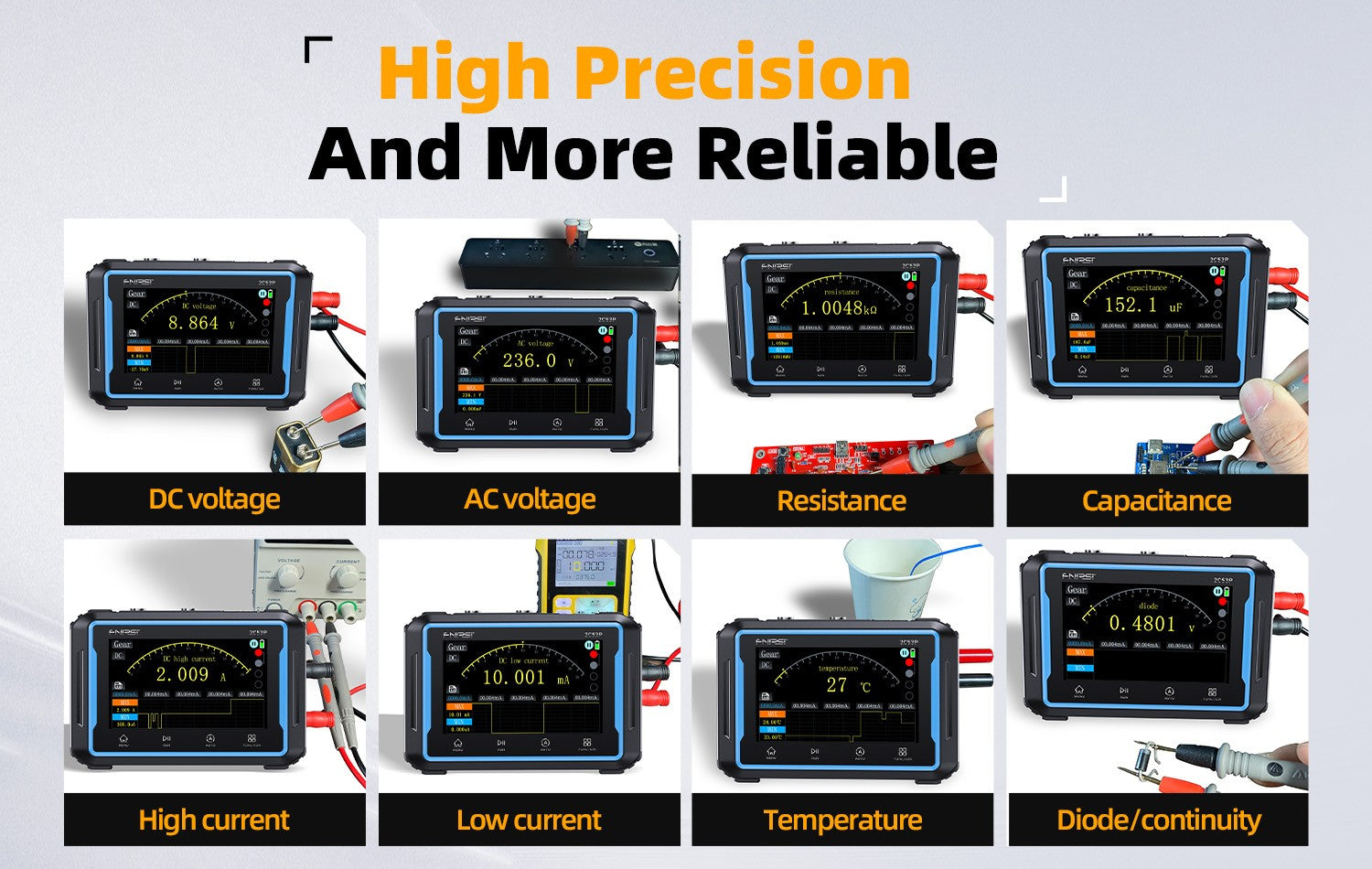 Fnirsi 2C53P 3-in-1 50MHz Dual Channel Oscilloscope Signal Generator Multimeter (portable Dso) - eight black handheld units with blue borders, each displaying different electrical measurements on their screens.