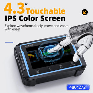 Fnirsi 2C53P 3-in-1 50MHz Dual Channel Oscilloscope Signal Generator Multimeter (portable Dso) - a 4.3-inch touch screen with a digital waveform interface being operated by a robotic hand.