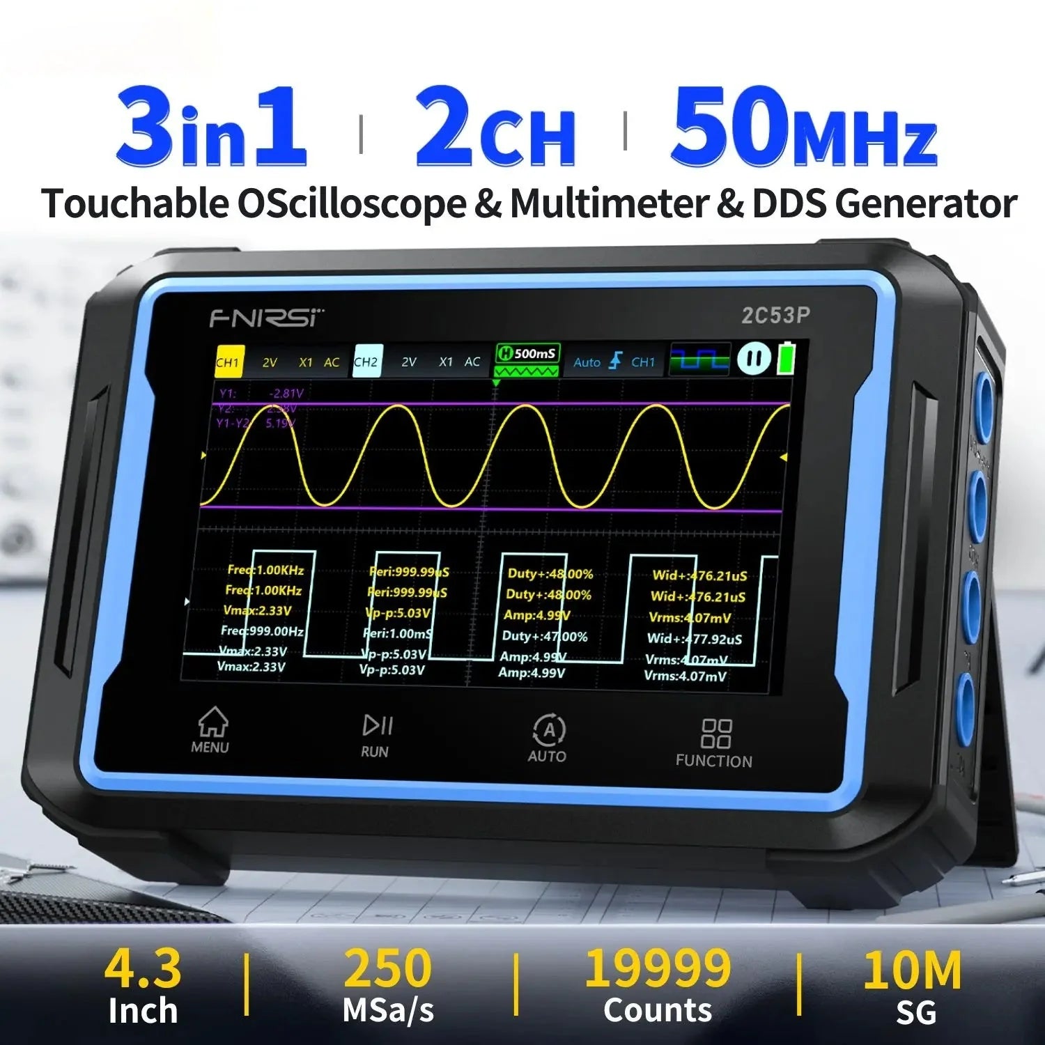 Fnirsi 2C53P 3-in-1 50MHz Dual Channel Oscilloscope Signal Generator Multimeter (portable Dso) - black and blue, showing a 4.3-inch screen with a yellow sine wave, measurement data, and touch-sensitive menu buttons.