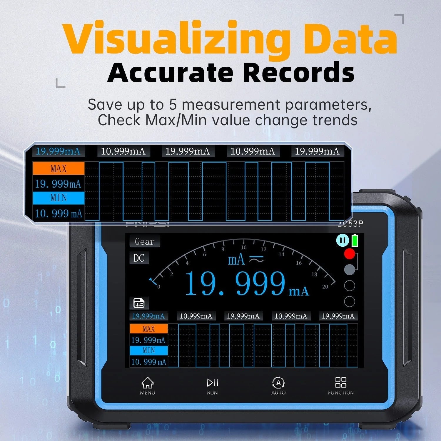 Fnirsi 2C53P 3-in-1 50MHz Dual Channel Oscilloscope Signal Generator Multimeter (portable Dso) - a digital screen displaying a 19.999mA measurement, a trend graph, and touch-screen icons for menu, run, auto, and function.