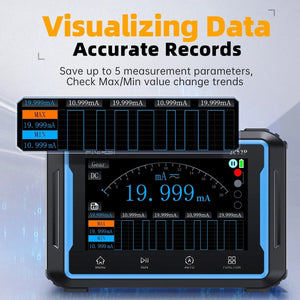 Fnirsi 2C53P 3-in-1 50MHz Dual Channel Oscilloscope Signal Generator Multimeter (portable Dso) - a digital screen displaying a 19.999mA measurement, a trend graph, and touch-screen icons for menu, run, auto, and function.