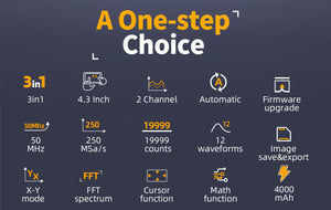 Fnirsi 2C53P 3-in-1 50MHz Dual Channel Oscilloscope Signal Generator Multimeter (portable Dso) - a dark gray infographic listing technical specifications like 50MHz, 250 MSa/s, 19999 counts, and 4000 mAh.