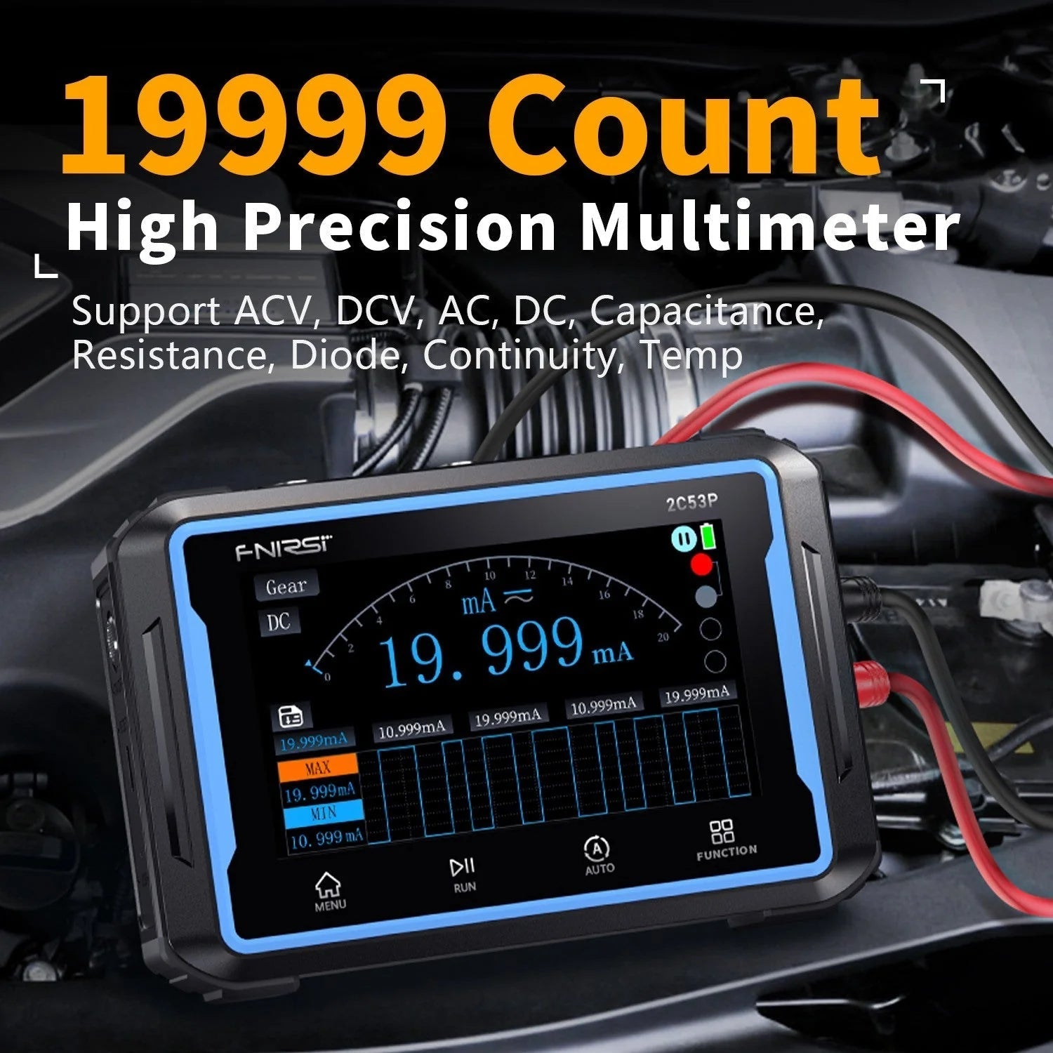 Fnirsi 2C53P 3-in-1 50MHz Dual Channel Oscilloscope Signal Generator Multimeter (portable Dso) - with a black and blue casing, showing a digital display reading 19.999 mA and red test leads connected to the side.