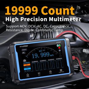 Fnirsi 2C53P 3-in-1 50MHz Dual Channel Oscilloscope Signal Generator Multimeter (portable Dso) - with a black and blue casing, showing a digital display reading 19.999 mA and red test leads connected to the side.