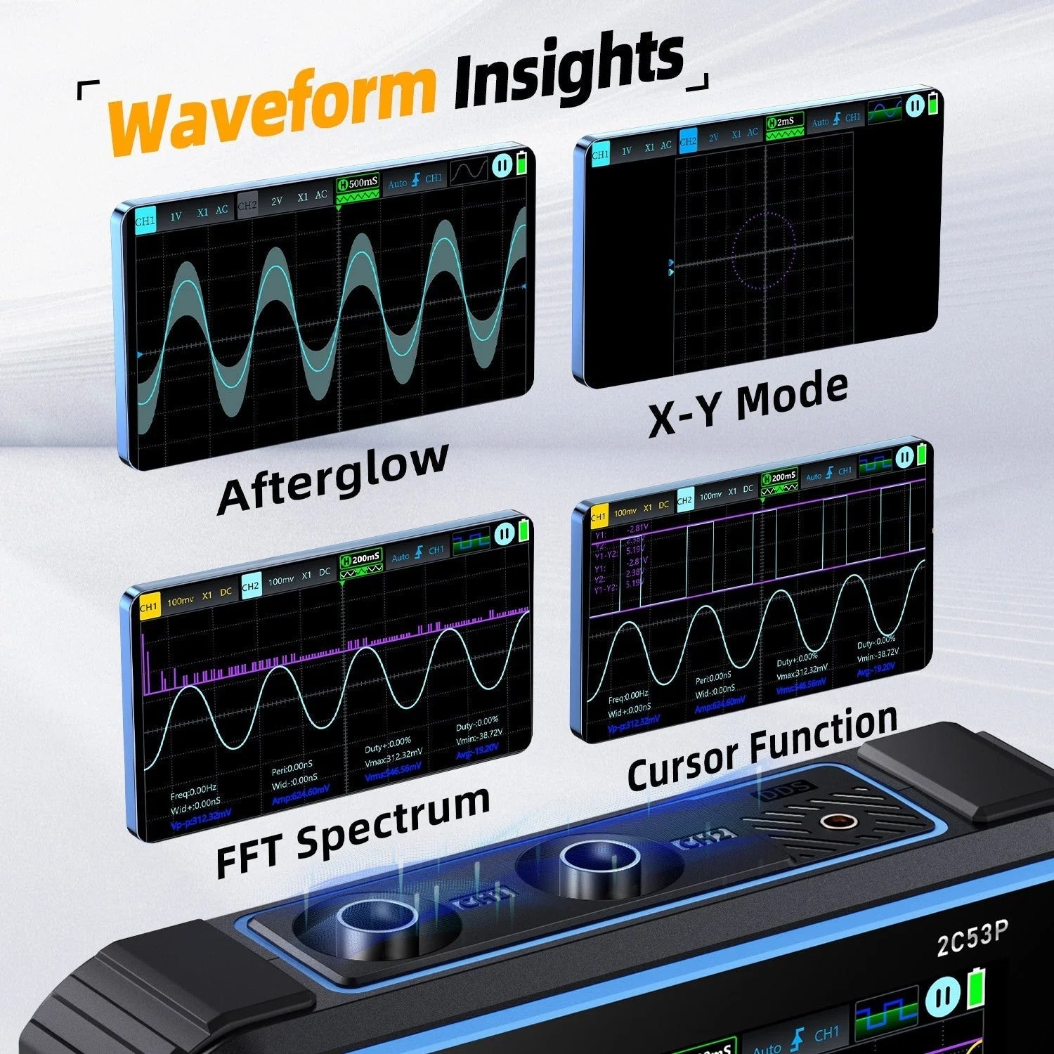 Fnirsi 2C53P 3-in-1 50MHz Dual Channel Oscilloscope Signal Generator Multimeter (portable Dso) - four screen modes: Afterglow, X-Y Mode, FFT Spectrum, and Cursor Function, with visible CH1 and CH2 input ports.