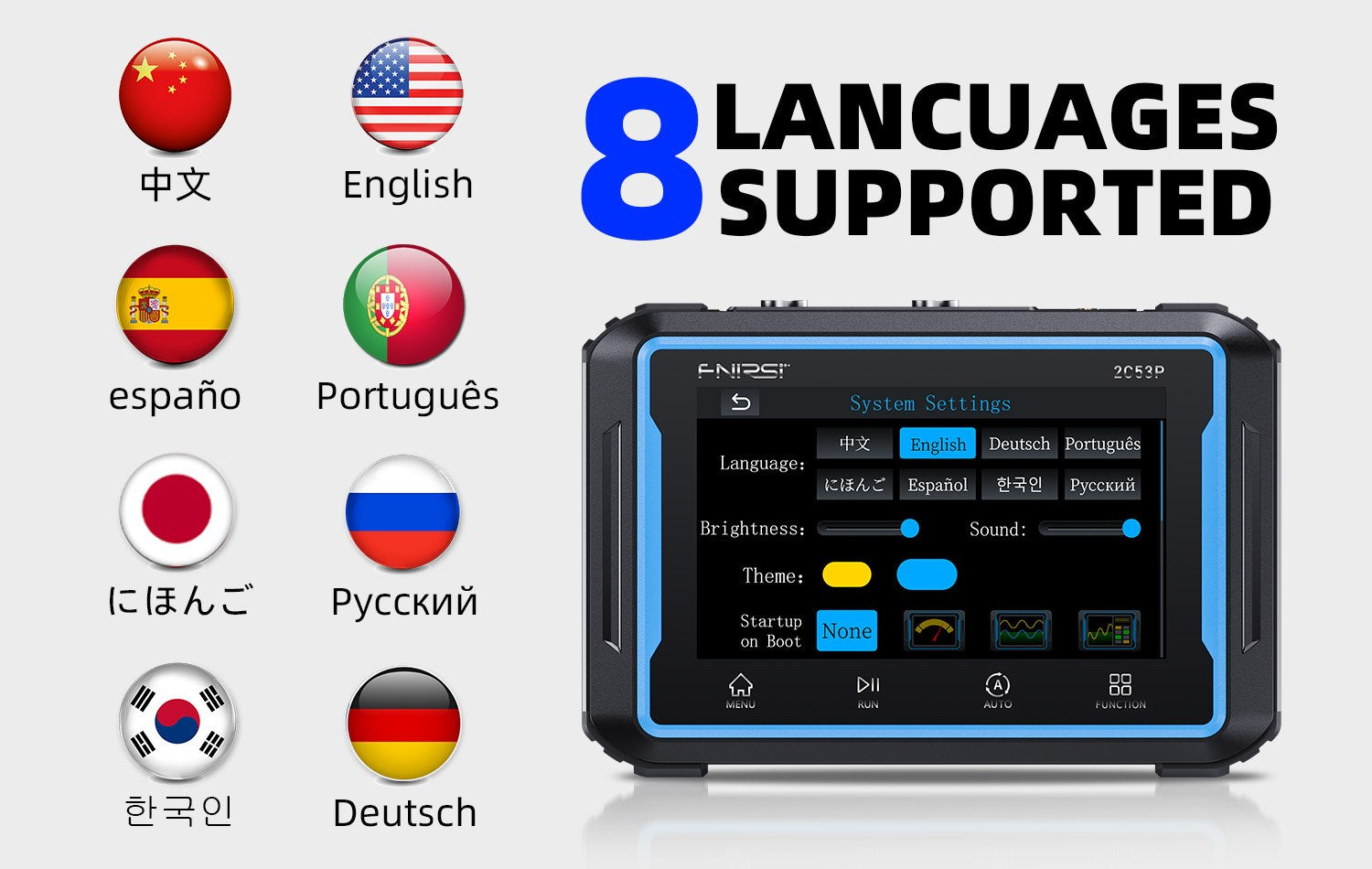 Fnirsi 2C53P 3-in-1 50MHz Dual Channel Oscilloscope Signal Generator Multimeter (portable Dso) - a System Settings menu on its screen, surrounded by eight circular icons representing supported language options.