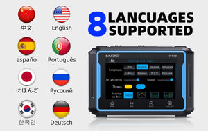 Fnirsi 2C53P 3-in-1 50MHz Dual Channel Oscilloscope Signal Generator Multimeter (portable Dso) - a System Settings menu on its screen, surrounded by eight circular icons representing supported language options.