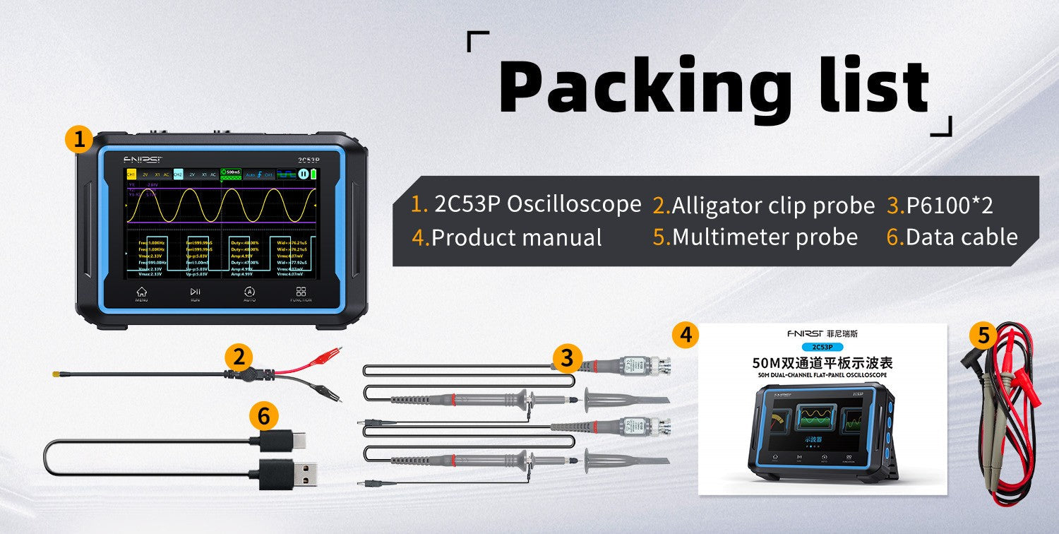 Fnirsi 2C53P 3-in-1 50MHz Dual Channel Oscilloscope Signal Generator Multimeter (portable Dso) - packing list showing the black handheld oscilloscope with a waveform display, two probe cables, a manual, a multimeter probe, and a USB cable.