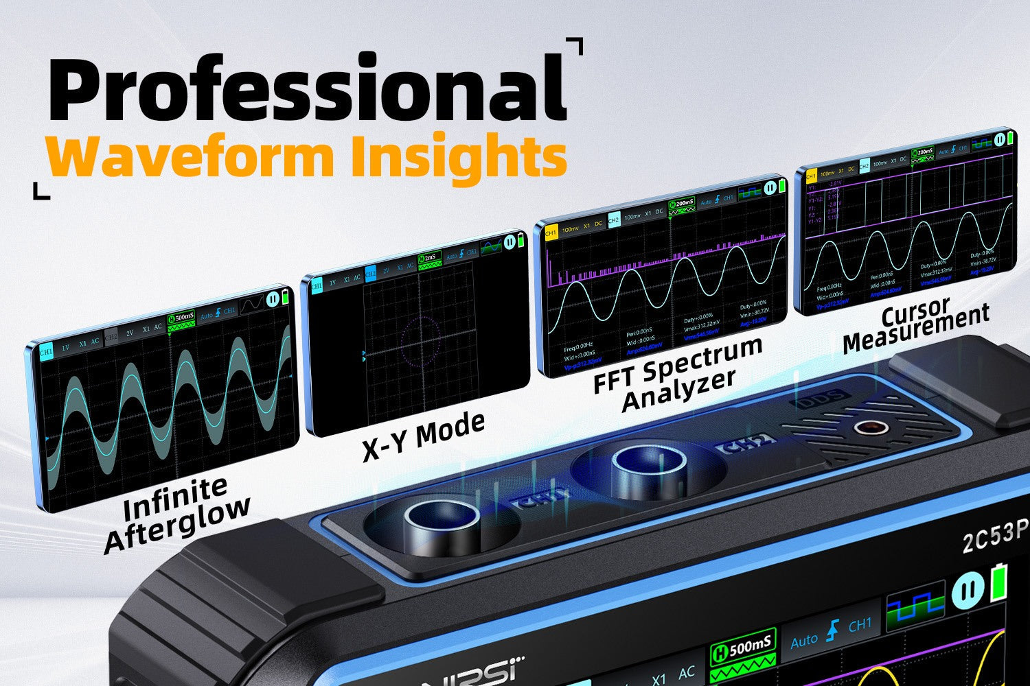 Fnirsi 2C53P 3-in-1 50MHz Dual Channel Oscilloscope Signal Generator Multimeter (portable Dso) - four floating digital screens displaying waveform modes, FFT spectrum analysis, and cursor measurements above the device.