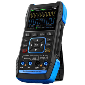 FNIRSI 2C53T handheld oscilloscope multimeter front view with dual-channel waveform on screen