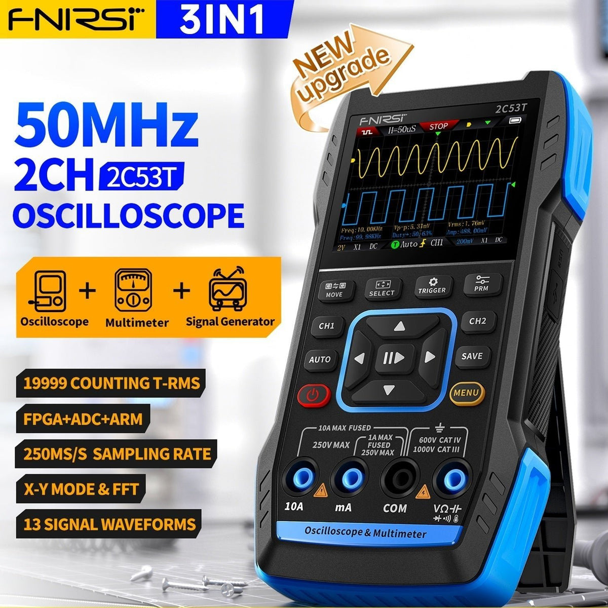 FNIRSI 2C53T 50 MHz 2-channel oscilloscope, multimeter and signal generator feature overview