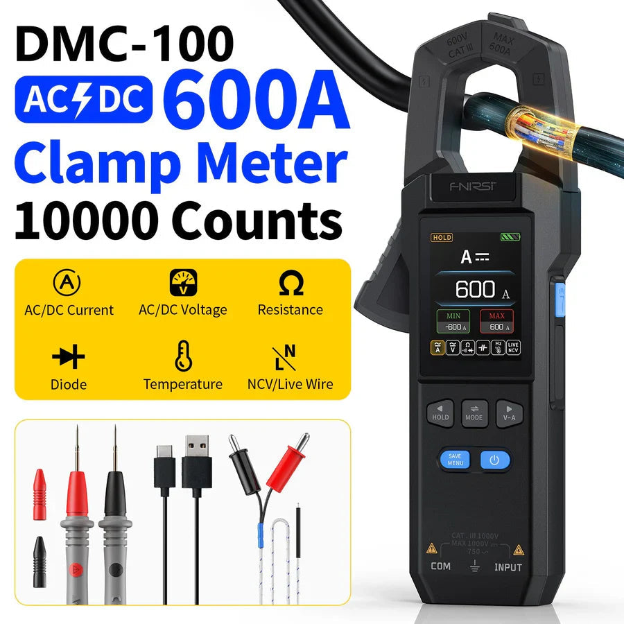 Fnirsi® Dmc-100 DC AC Current Voltage Clamp Meter Digital Multimeter - the black device with a digital display reading 600A, alongside test leads, a USB cable, and temperature probes.