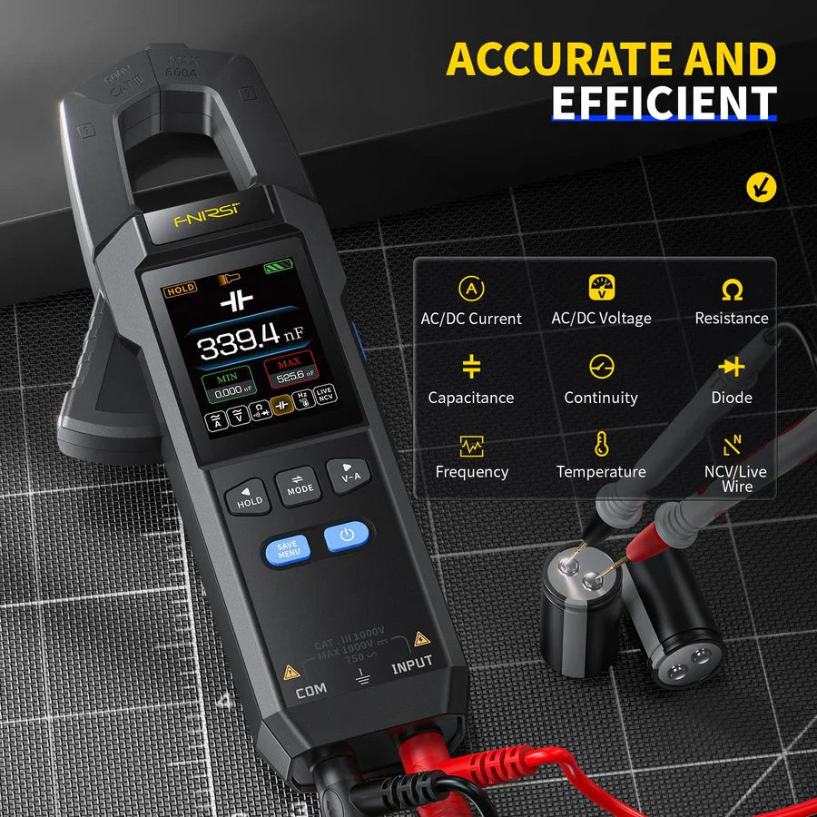 Fnirsi® Dmc-100 DC AC Current Voltage Clamp Meter Digital Multimeter - a black handheld device with a digital screen reading 339.4 nF, buttons, input ports, and red and black test probes.