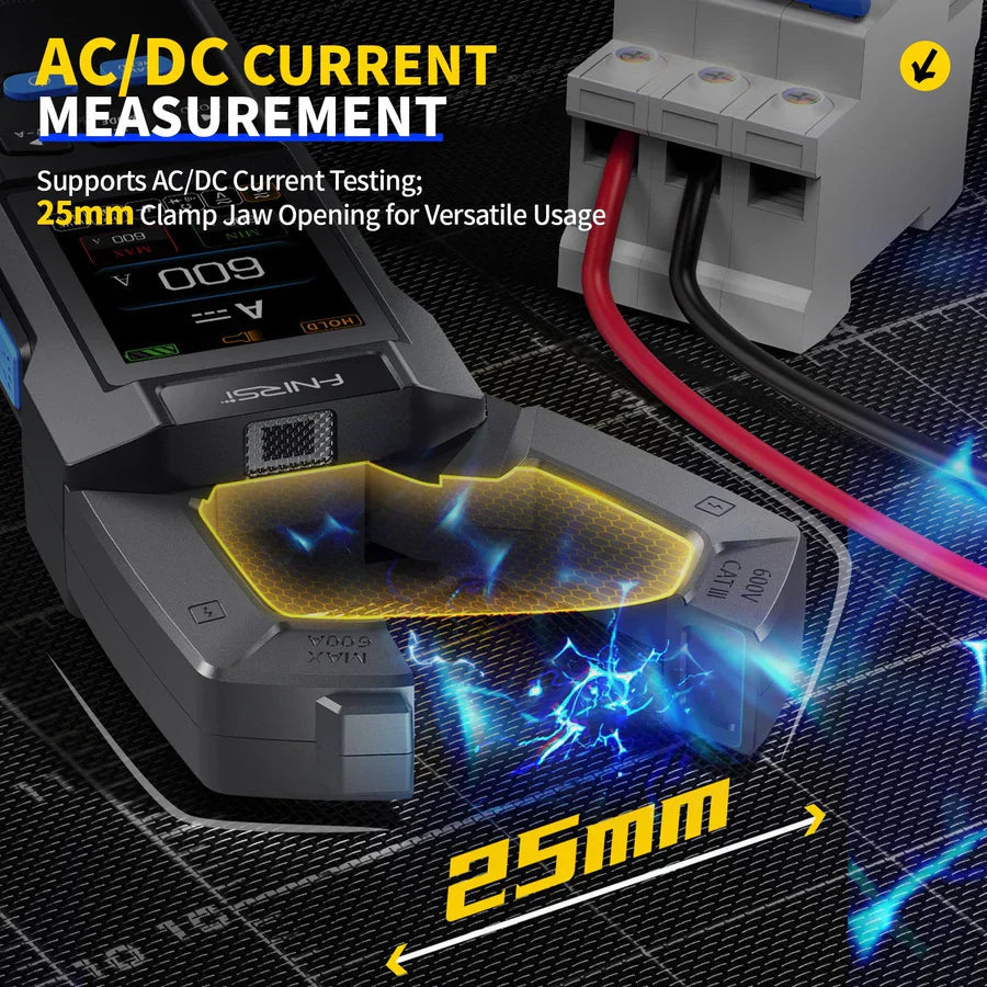 Fnirsi® Dmc-100 DC AC Current Voltage Clamp Meter Digital Multimeter - a 25mm jaw opening, a digital display reading 600A, and red and black wires connected to a grey terminal block.