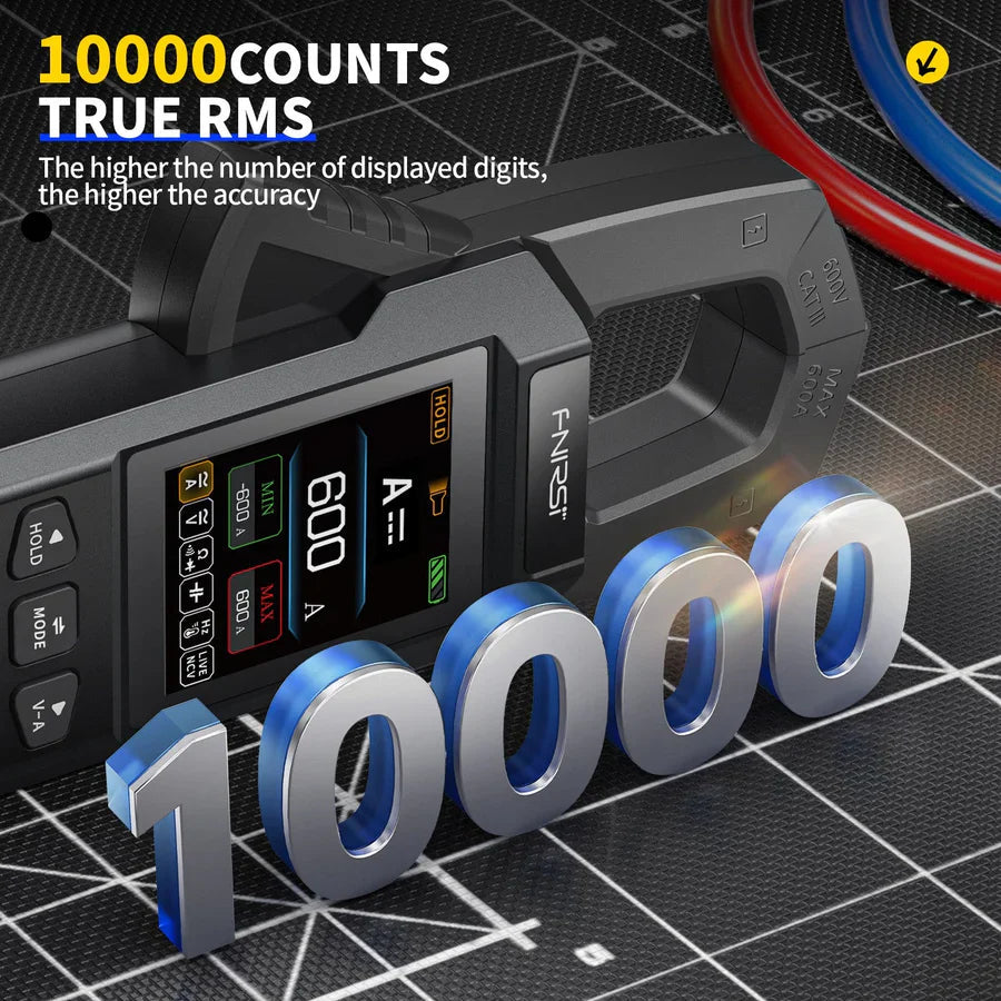 Fnirsi® Dmc-100 DC AC Current Voltage Clamp Meter Digital Multimeter - a black handheld device with a digital display reading 600 A, buttons, and large 3D "10000" text overlay.