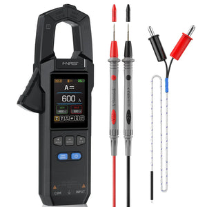 Fnirsi® Dmc-100 DC AC Current Voltage Clamp Meter Digital Multimeter - black digital multimeter with a color screen showing 600 A, two test leads with caps, and one temperature probe accessory.