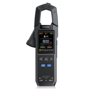 Fnirsi® Dmc-100 DC AC Current Voltage Clamp Meter Digital Multimeter - a black handheld digital multimeter with a central color display showing 600 A, control buttons, and bottom input ports.