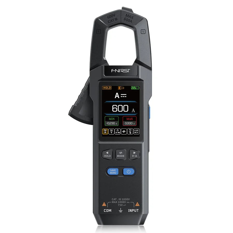 Fnirsi® Dmc-100 DC AC Current Voltage Clamp Meter Digital Multimeter - a black handheld digital multimeter with a central color display showing 600 A, control buttons, and bottom input ports.