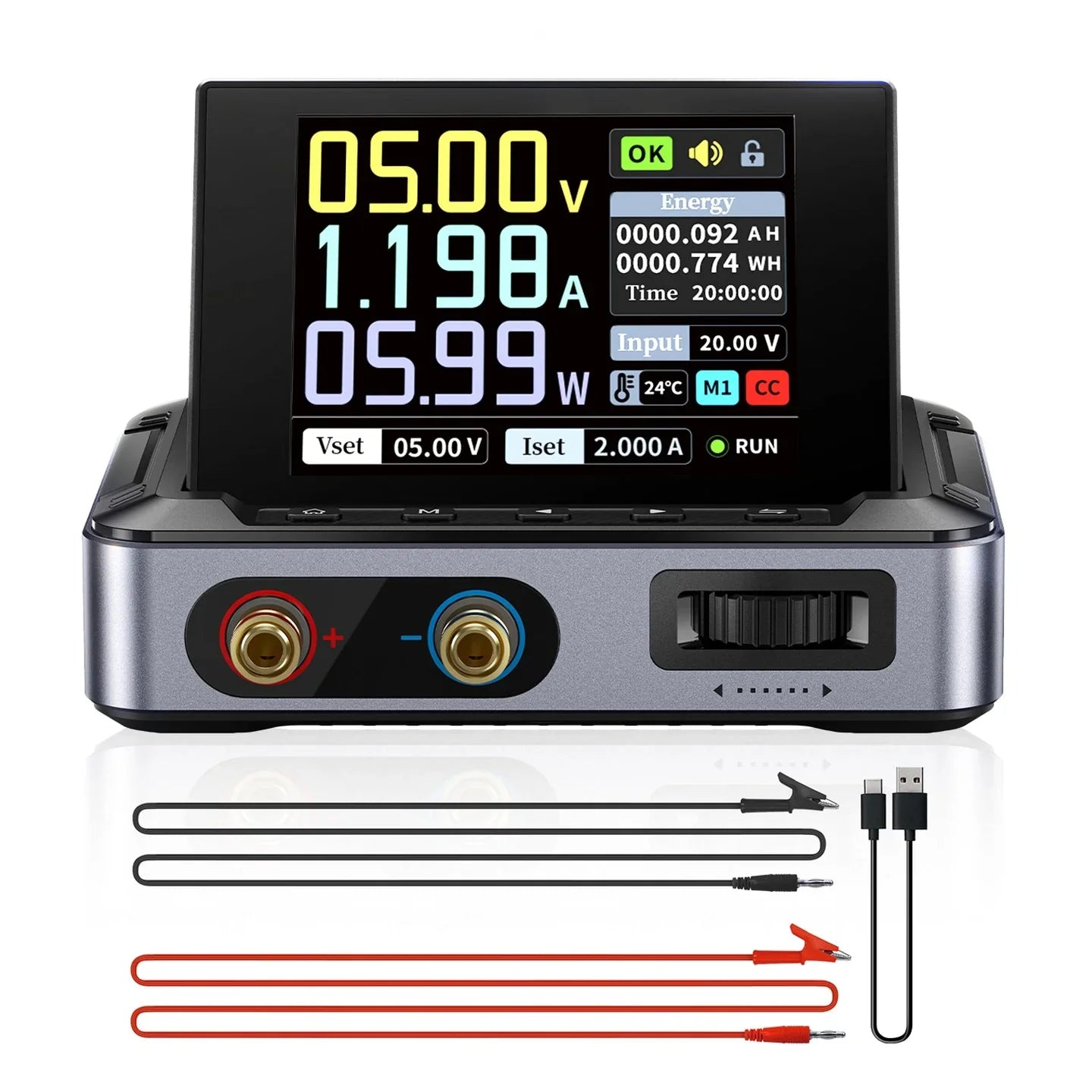 Fnirsi Dps-150 Programmable Mini Portable DC Power Supply 0-15V 0-10A 150W (digital Lab PSU) - display, two banana ports, a control knob, and two test leads with a USB cable below.