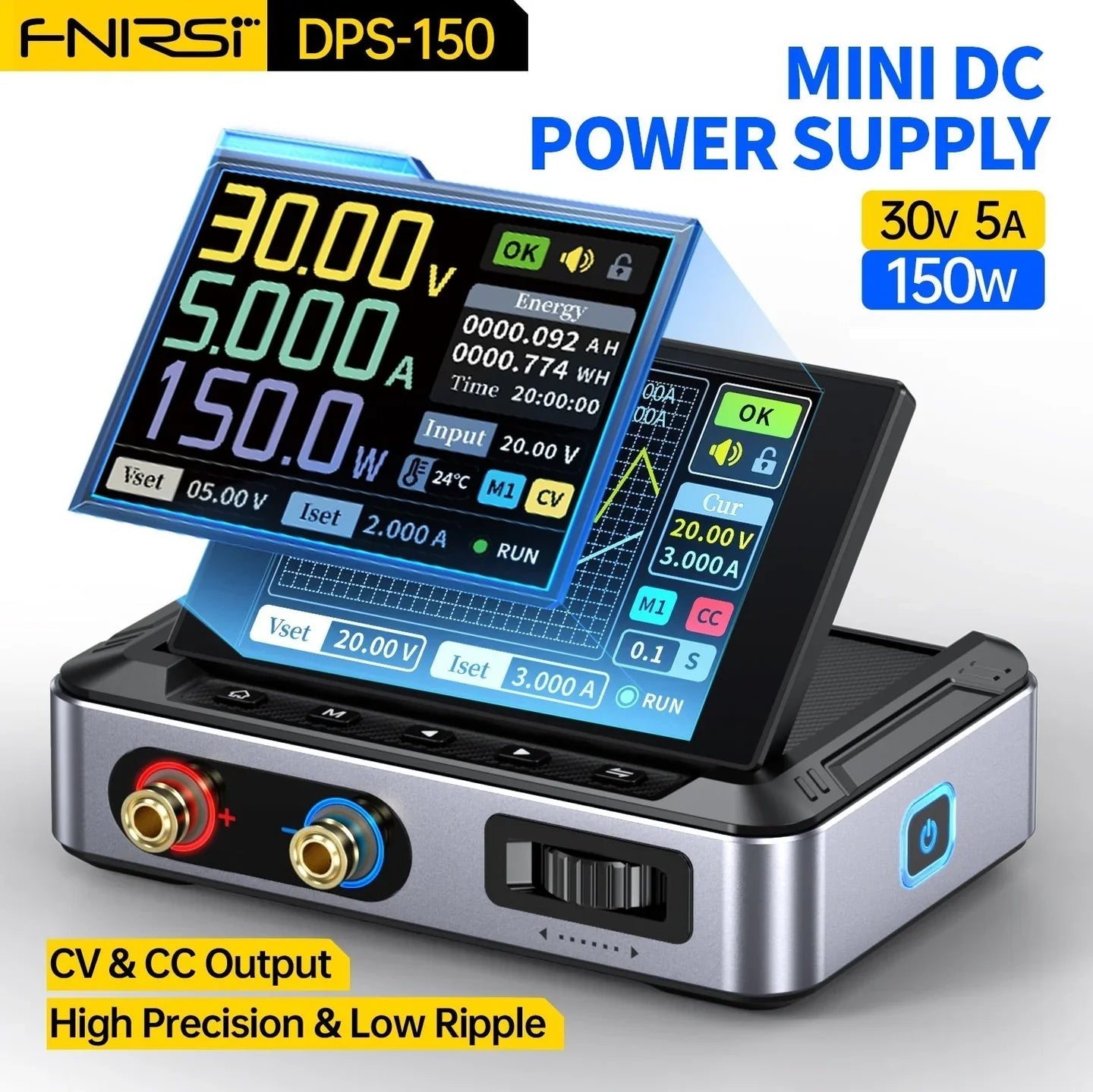 Fnirsi Dps-150 Programmable Mini Portable DC Power Supply 0-15V 0-10A 150W (digital Lab PSU) - a silver and black chassis, a tilting digital screen displaying voltage, current, and settings, and front ports.