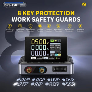 Fnirsi Dps-150 Programmable Mini Portable DC Power Supply 0-15V 0-10A 150W (digital Lab PSU) - display with 5.00V, 0.000A, 00.00W, input voltage, and eight safety protection icons above.