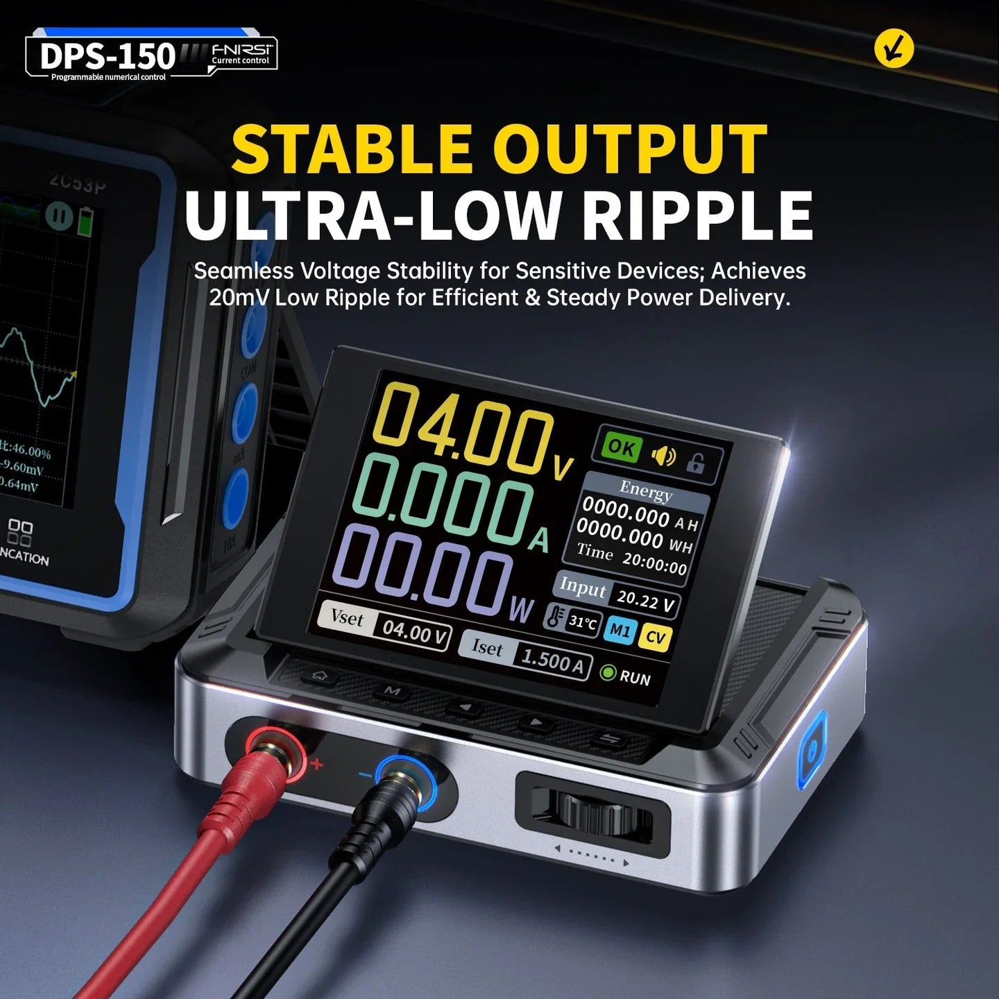 Fnirsi Dps-150 Programmable Mini Portable DC Power Supply 0-15V 0-10A 150W (digital Lab PSU) - display with 04.00V, 0.000A, 00.00W, red and black cables, and a side adjustment knob.