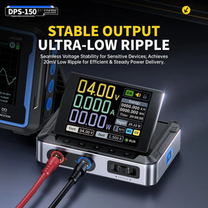 Fnirsi Dps-150 Programmable Mini Portable DC Power Supply 0-15V 0-10A 150W (digital Lab PSU) - display with 04.00V, 0.000A, 00.00W, red and black cables, and a side adjustment knob.