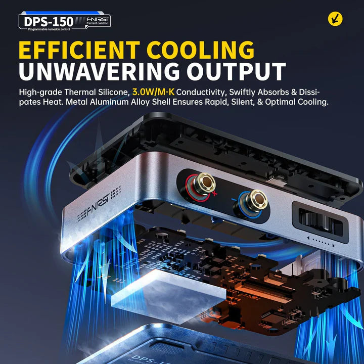 Fnirsi Dps-150 Programmable Mini Portable DC Power Supply 0-15V 0-10A 150W (digital Lab PSU) - the silver metal casing, internal circuit board, thermal pad, and two circular positive and negative terminals.
