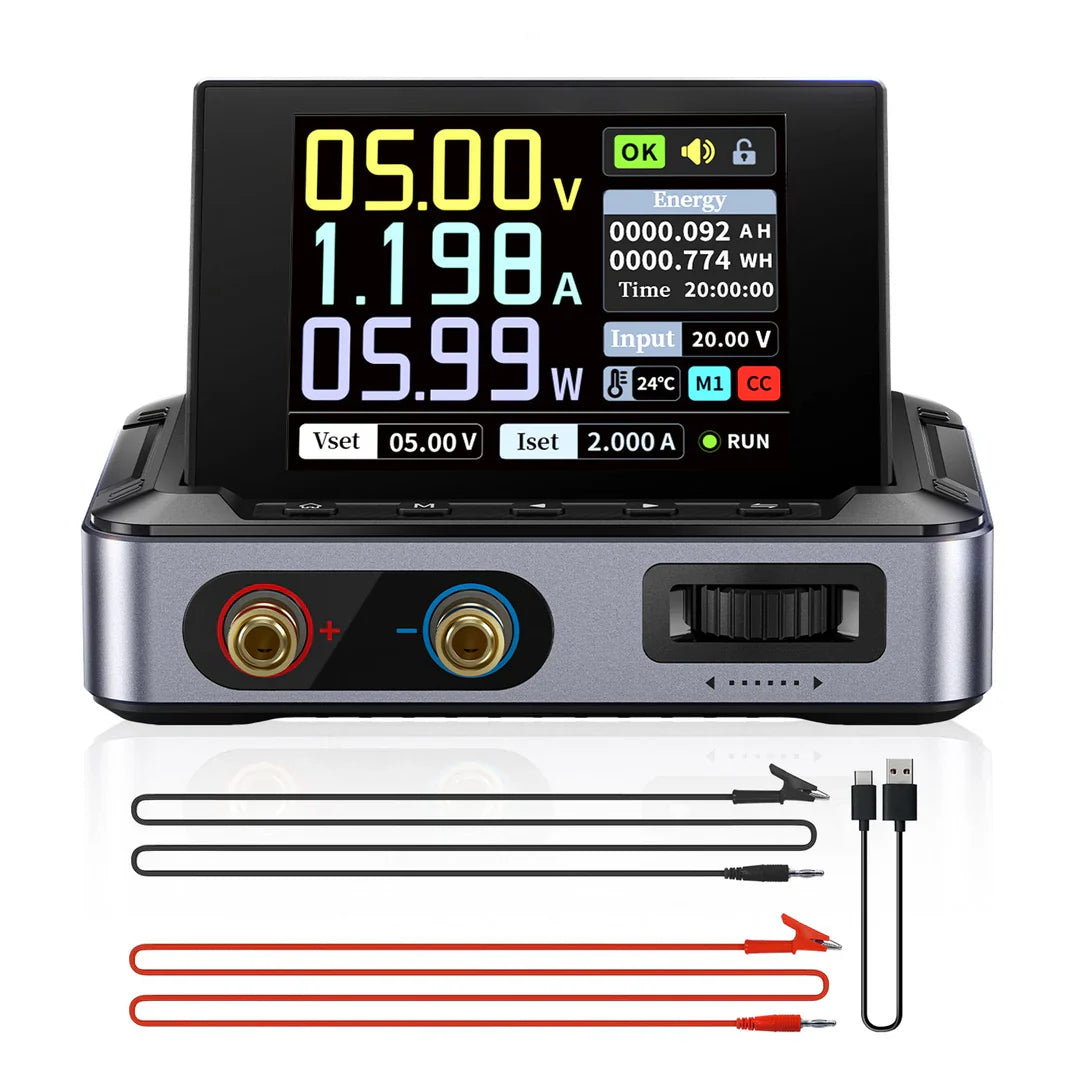Fnirsi Dps-150 Programmable Mini Portable DC Power Supply 0-15V 0-10A 150W (digital Lab PSU) - display with voltage, current, and power readings, plus two test leads and a USB cable.