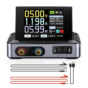 Fnirsi Dps-150 Programmable Mini Portable DC Power Supply 0-15V 0-10A 150W (digital Lab PSU) - display with voltage, current, and power readings, plus two test leads and a USB cable.