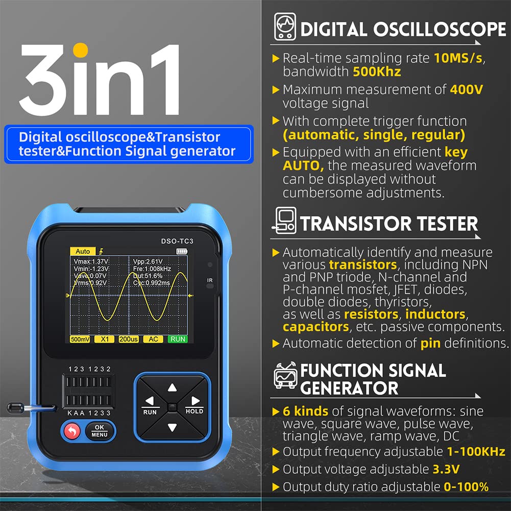 Fnirsi® DSO-TC3 3-in-1 Handheld 500kHz 10MS/S Digital Oscilloscopes Signal Generator Transistor Tester - shown with a blue frame, a screen displaying a sine wave, a ZIF socket, and navigation buttons with a menu key.