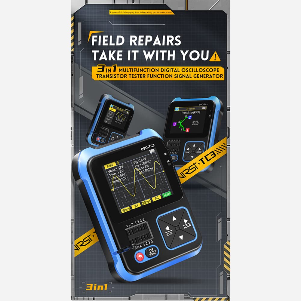 Fnirsi® DSO-TC3 3-in-1 Handheld 500kHz 10MS/S Digital Oscilloscopes Signal Generator Transistor Tester - three units with LCD screens displaying oscilloscope waveforms and transistor test data.