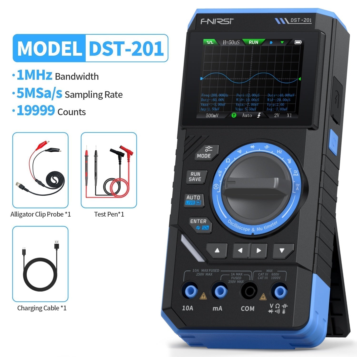 Fnirsi® Dst-201 Handheld 3-in-1 Multimeter Oscilloscope Signal Generator - with screen, rotary knob, buttons, input ports, and alligator clip, test pen, and charging cable.