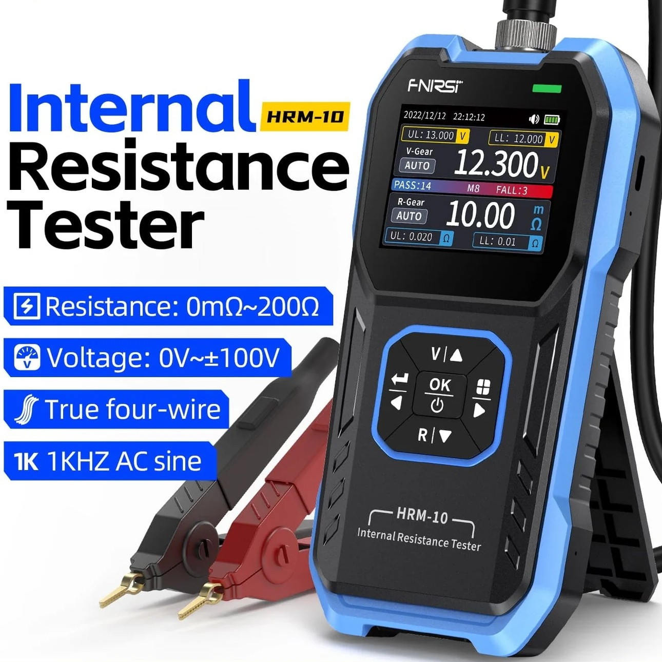 Fnirsi Hrm-10 Battery Internal Resistance Tester - High Precision Voltage & Resistance Meter - the blue and black handheld device with a screen, keypad, and red and black test clips.