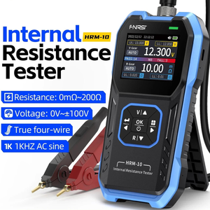 Fnirsi Hrm-10 Battery Internal Resistance Tester - High Precision Voltage & Resistance Meter - the blue and black handheld device with a screen, keypad, and red and black test clips.