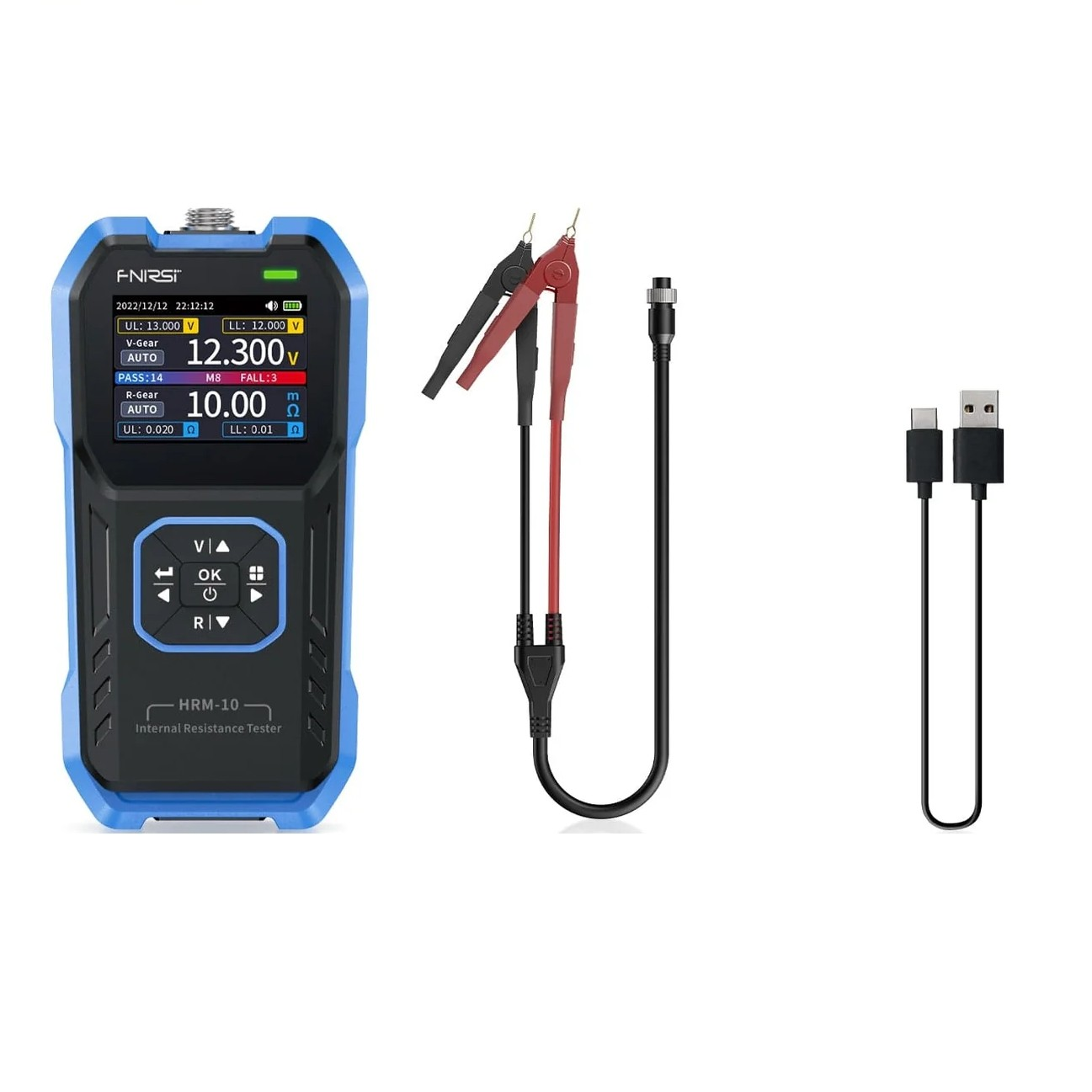 Fnirsi Hrm-10 Battery Internal Resistance Tester - High Precision Voltage & Resistance Meter - the blue handheld device, Kelvin clip test leads, and a USB cable on a white background.