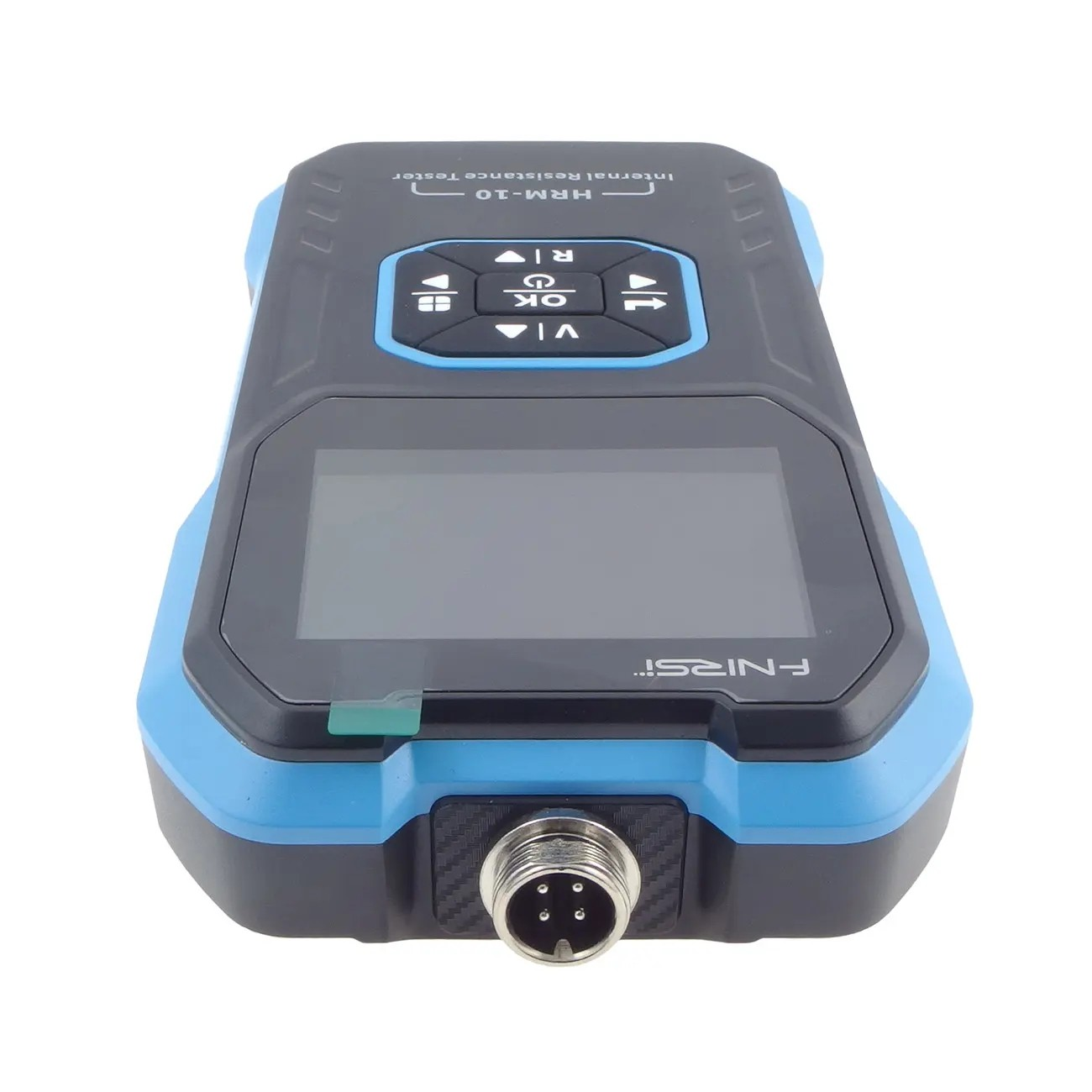 Fnirsi Hrm-10 Battery Internal Resistance Tester - High Precision Voltage & Resistance Meter - a black and blue handheld device with a blank screen, navigation buttons, and a 4-pin port.