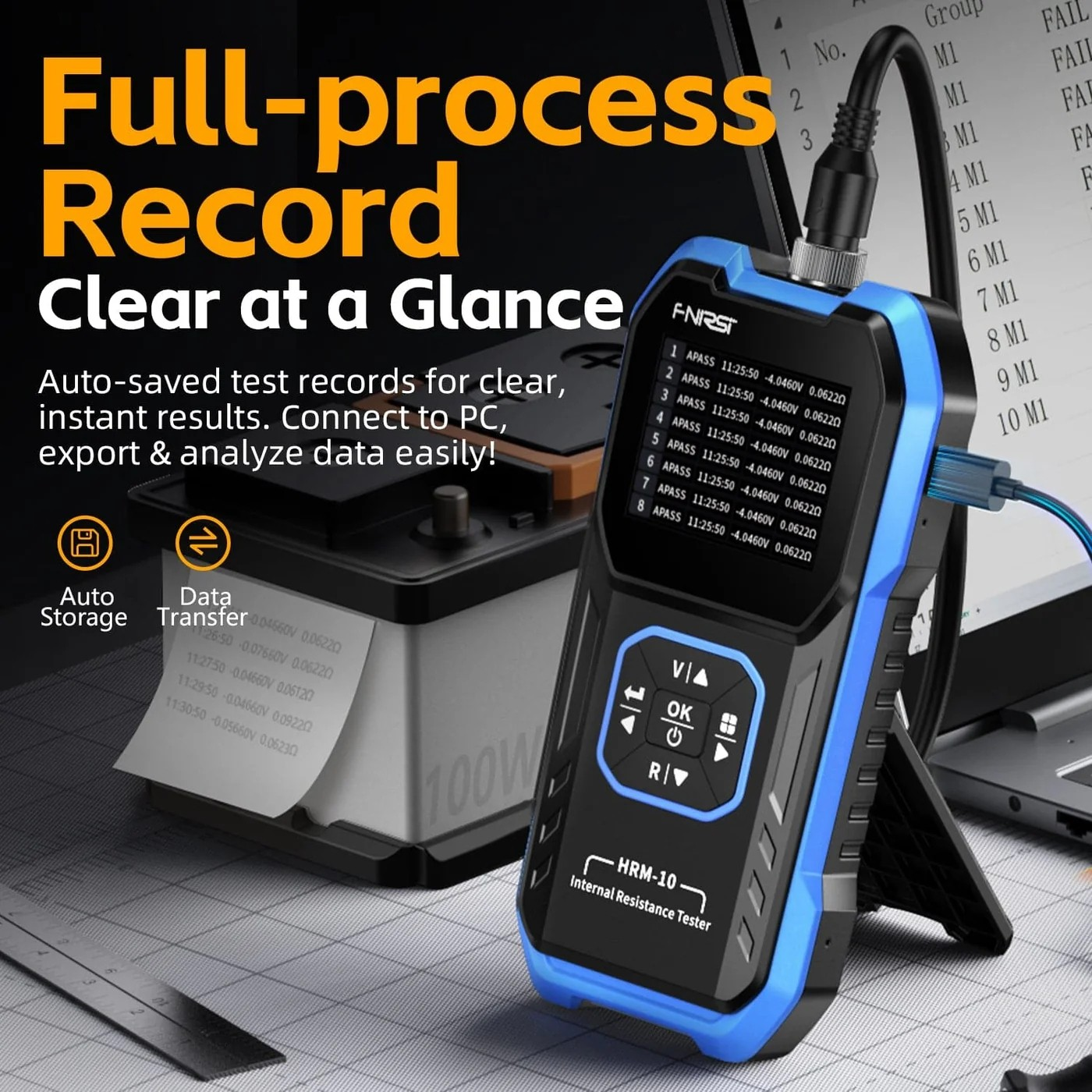 Fnirsi Hrm-10 Battery Internal Resistance Tester - High Precision Voltage & Resistance Meter - its display with test records, navigation buttons, and a connected USB cable.