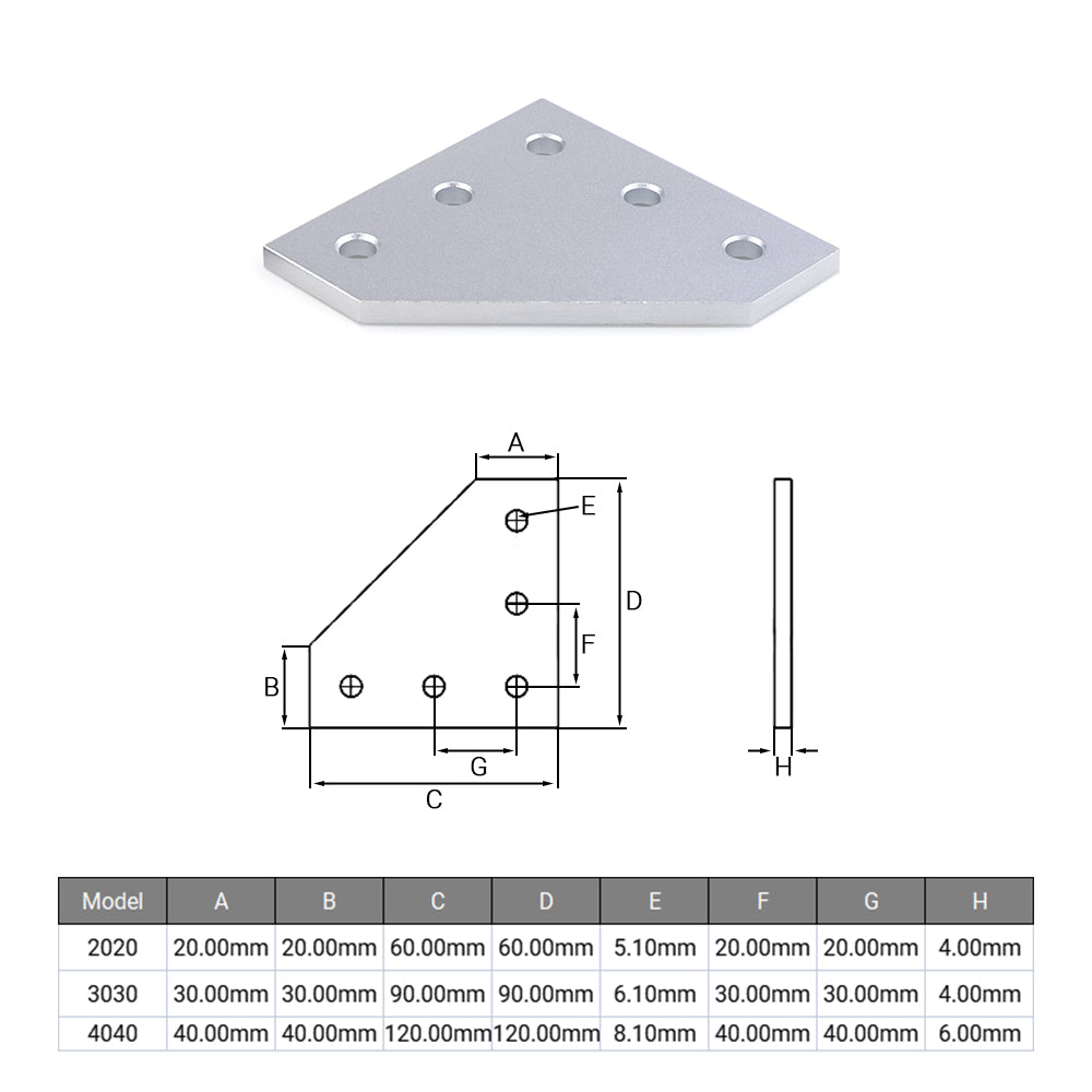 For 4040 90 Degree L Type Aluminum Profile Connector Joint Plate Corner Bracket Aluminum Profile - a silver triangular metal bracket, a technical line drawing, and a dimension specification table.