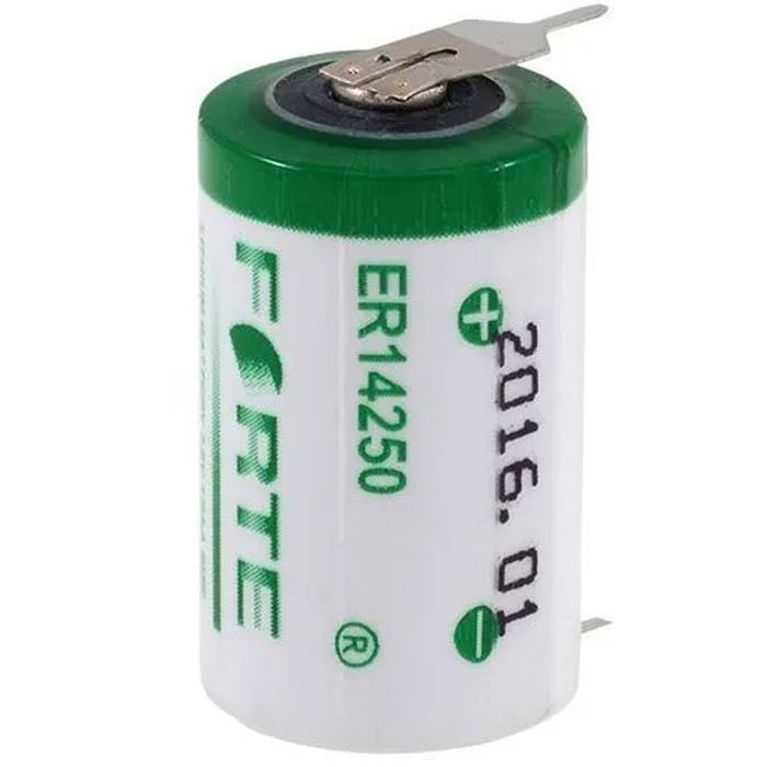 Forte ER14250 Lithium Battery, Battery Capacity: 1200mAh, Voltage: 3.6V - a white and green cylindrical 3.6V battery with a metal tab connector on top and printed text showing the model and date.