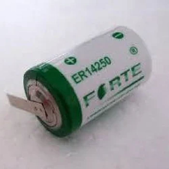Forte ER14250 Lithium Battery, Battery Capacity: 1200mAh, Voltage: 3.6V - a white and green cylindrical 3.6V battery with a metal tab connector extending from the positive end.