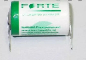 Forte ER14250 Lithium Battery, Battery Capacity: 1200mAh, Voltage: 3.6V - a white and green cylindrical 1/2AA size battery with two metal solder tabs extending from its ends.