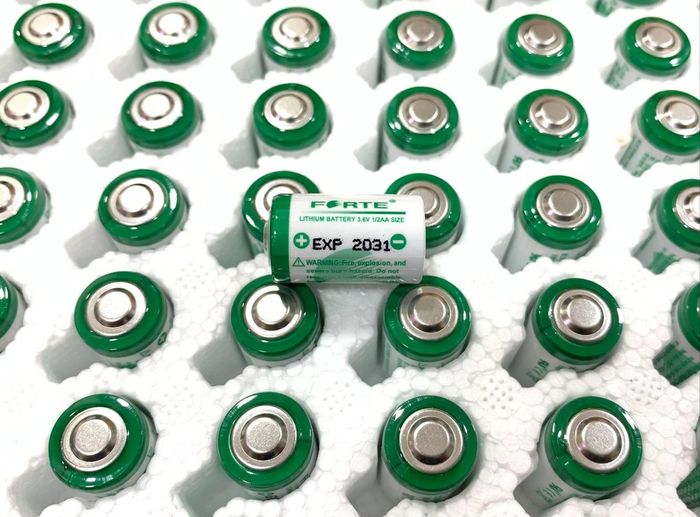 Forte ER14250 Lithium Battery, Battery Capacity: 1200mAh, Voltage: 3.6V - shown as a single white and green battery resting on a tray of identical batteries, marked with 3.6V and EXP 2031.