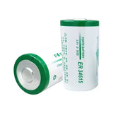 Forte ER34615 D 3.6V Non Rechargable Lithium Battery - two white and green cylindrical batteries with printed technical specifications on a white background.