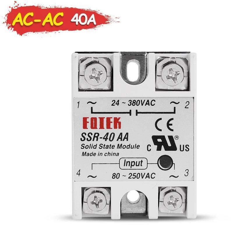 Fotek Module SSR-40AA AC Activation AC-AC Control Signal 40A Solid State Relay Ssr - a white rectangular module with four screw terminals, showing printed specifications and wiring diagrams on its face.