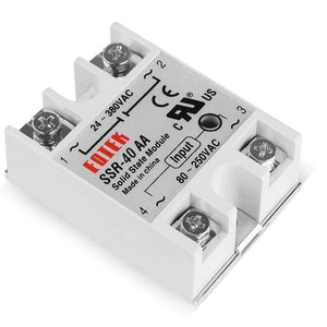 Fotek Module SSR-40AA AC Activation AC-AC Control Signal 40A Solid State Relay Ssr - a white square module with four metal screw terminals and printed specifications including 24-380VAC and 80-250VAC.