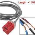 Fotek Proximity Sensor PL-05N 5mm NPN Out DC10-30V IP67 - the red rectangular sensor, attached cable, and included mounting screws and nuts.