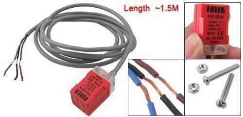 Fotek Proximity Sensor PL-05N 5mm NPN Out DC10-30V IP67 - the red rectangular sensor, attached cable, and included mounting screws and nuts.