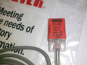 Fotek Proximity Sensor PL-05N 5mm NPN Out DC10-30V IP67 - a red rectangular electronic component with a grey cable, shown against a white background with partial product packaging.