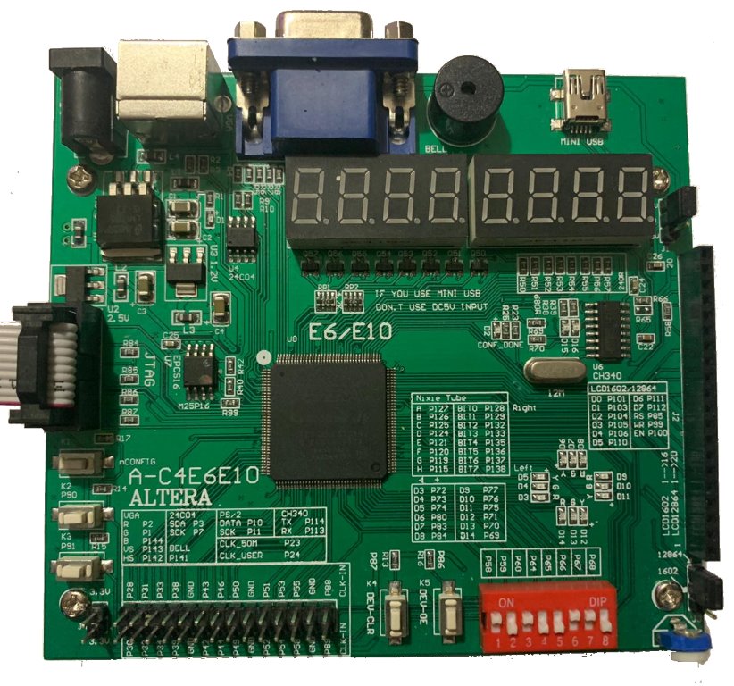 FPGA Development Board With USB Blaster - a green circuit board with an 8-digit nixie tube display, VGA port, mini USB port, and DIP switches.